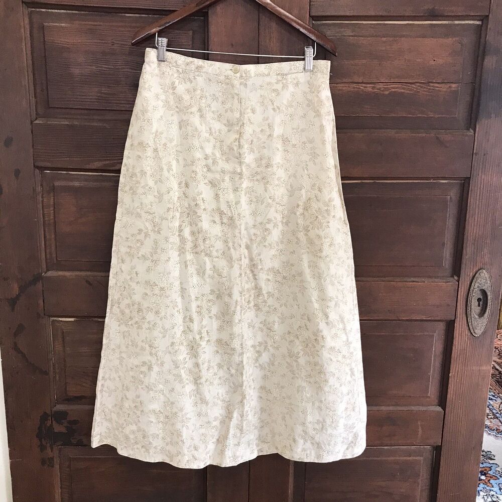 Liz Claiborne Linen Midi Skirt Sz 14 Beige Cream Floral Vacation Summer